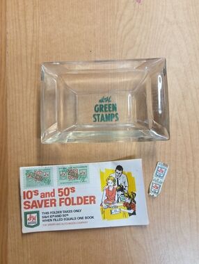 Vtg S & H Green Stamps Glass Ashtray Sperry And Hutchinson Co + Stamp Book